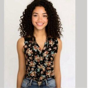 Streetwear Society Black Floral Sleeveless Sheer Tie Top Medium​​​​​